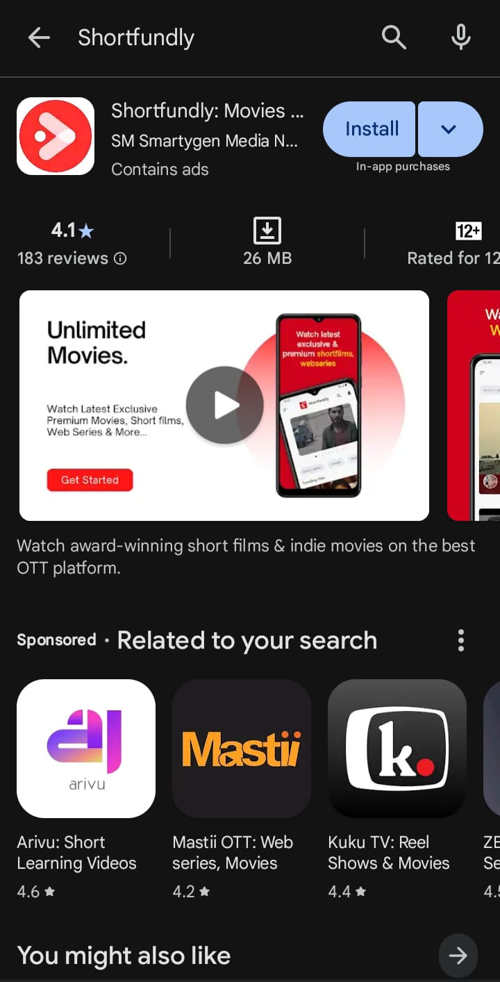 Play Store listing of Shortfundly app